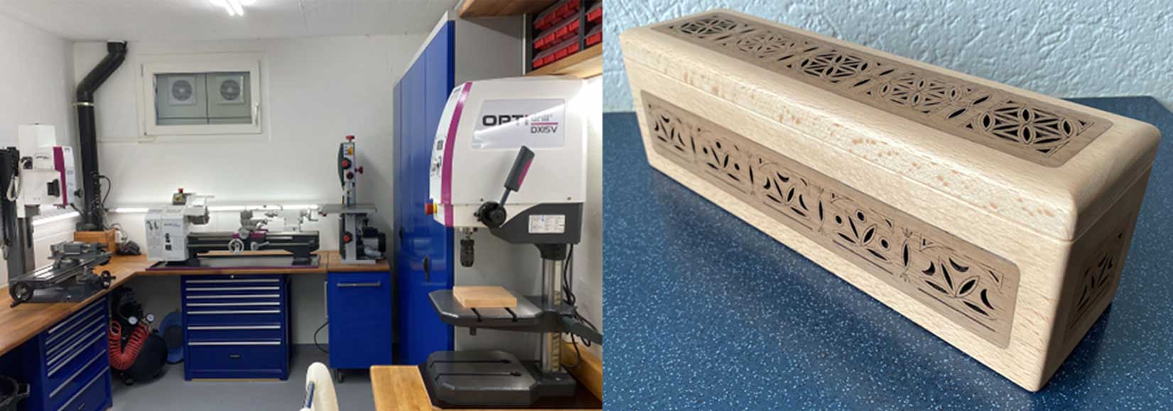 On the left the fully equipped workshop and on the right an Arabic incense box as an example of the precise work of the cutting laser.